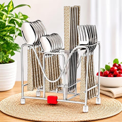 Montavo by FnS Pacific 24-pc stainless steel cutlery set with patterned handles, neatly arranged in a chrome metal stand.