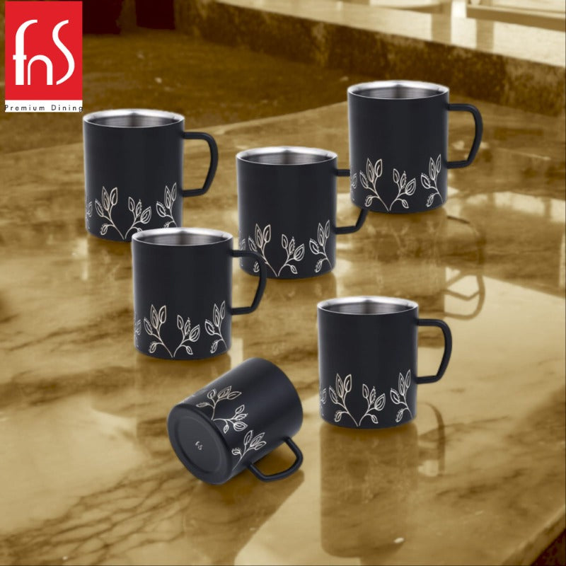 Set of six matte black stainless steel mugs with white floral leaf design pattern by Premium Dining