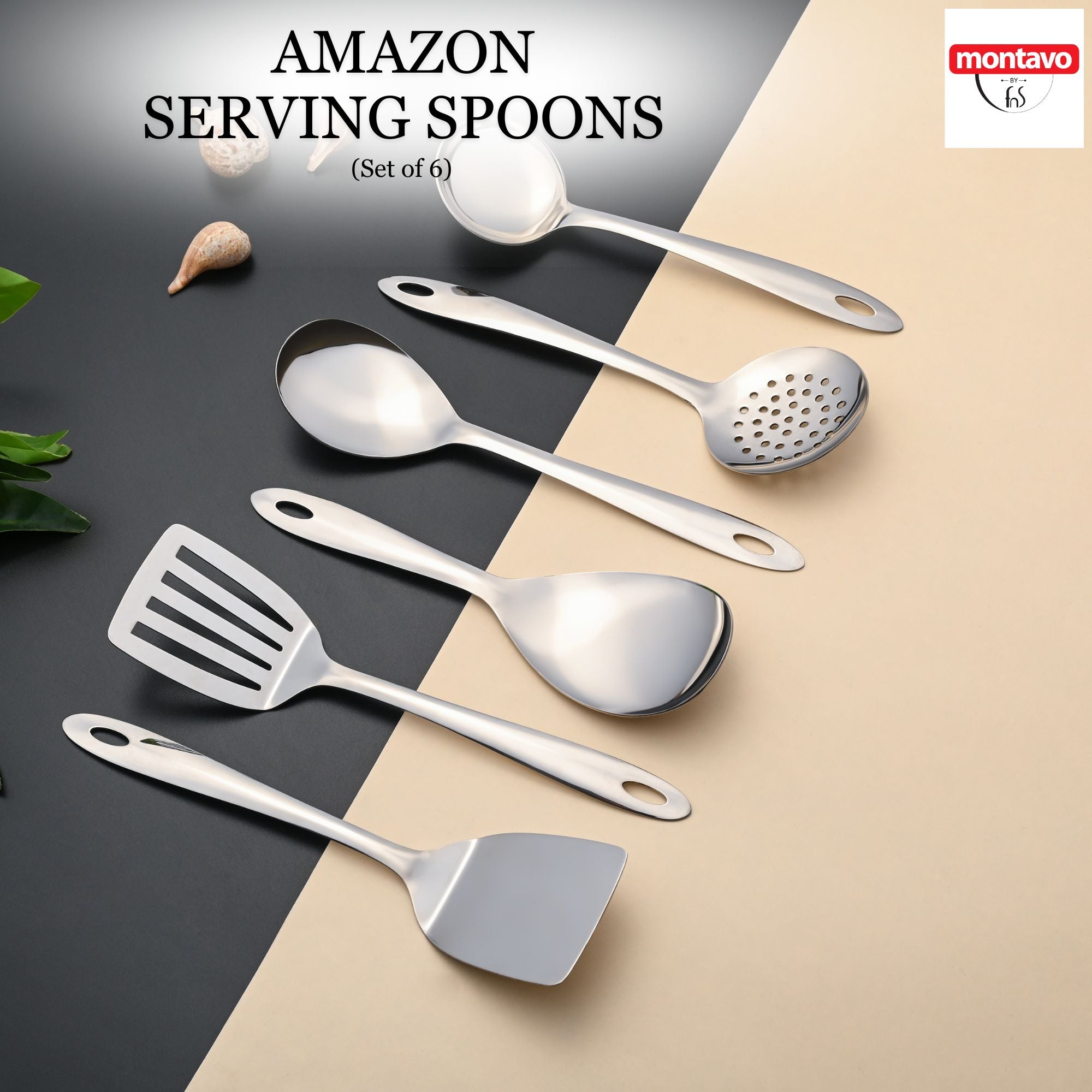 Montavo by FnS Amazon Stainless Steel Serving Tools Set of 6, 1 Rice Server, 1 Gravy Ladle, 1 Serving Spoon, 1 Solid Palta, 1 Skimmer, 1 Turner Slotted