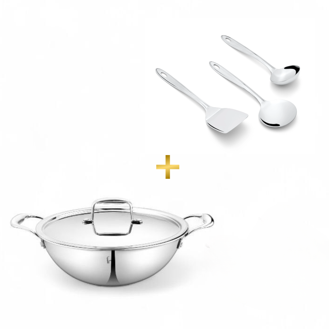 FnS Trinity Stainless Steel Serving Tools Set of 3 and NuChef Triply Kadai/Kadhai 28 cm Combo 3-Ply Cookware Pot with Gravy Ladle, Solid Turner & Skimmer Turner, Induction & Gas Compatible Kitchen Combo