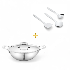 FnS Trinity Stainless Steel Serving Tools Set of 3 and NuChef Triply Kadai/Kadhai 28 cm Combo 3-Ply Cookware Pot with Gravy Ladle, Solid Turner & Skimmer Turner, Induction & Gas Compatible Kitchen Combo