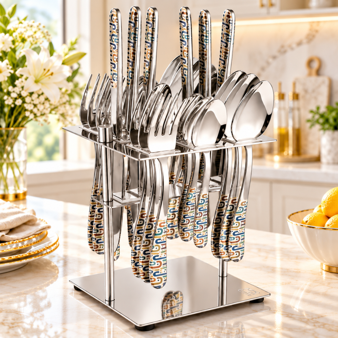 FnS Monho 24-Pc Plasma Laser Colour Steel Cutlery Set with Stand