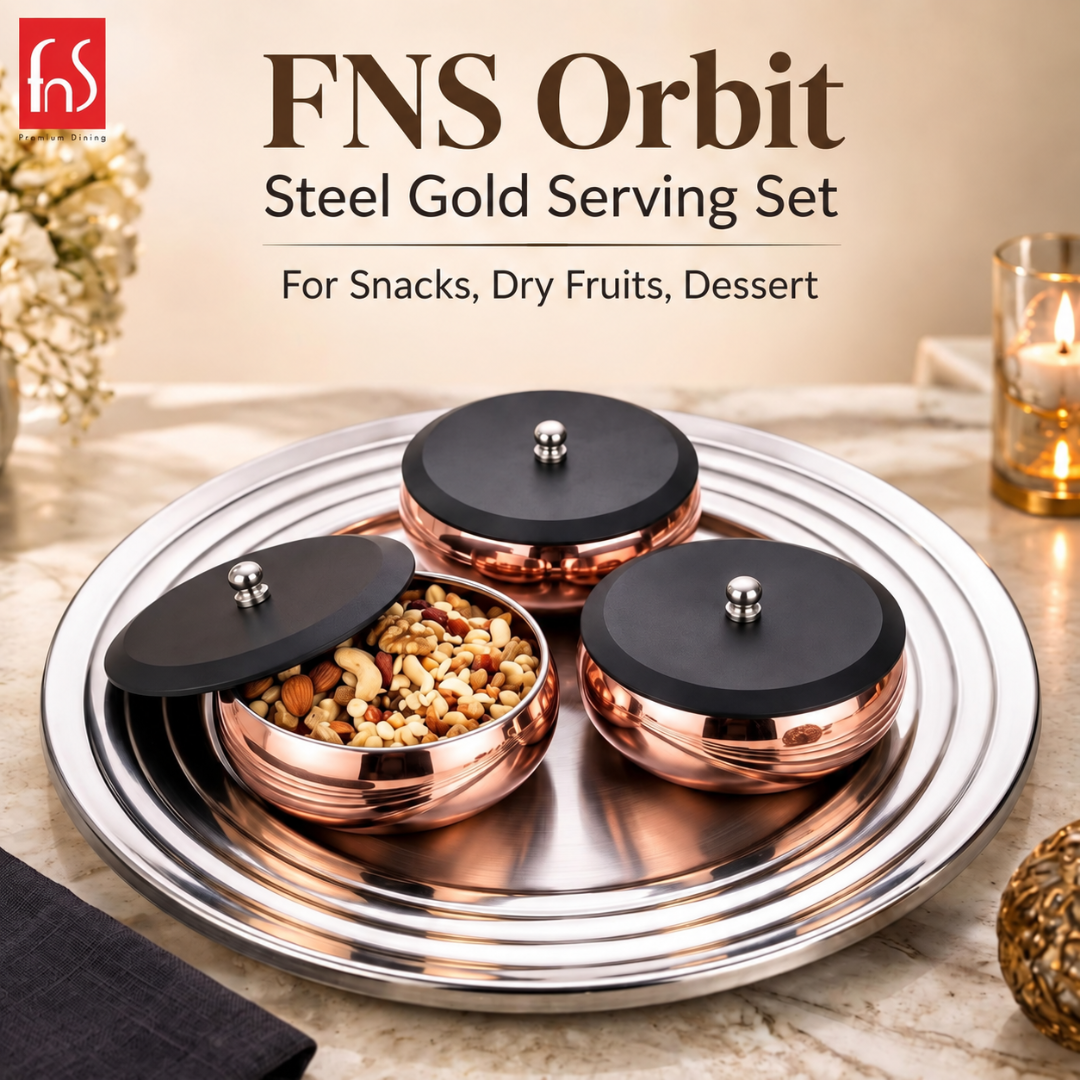 FnS Orbit Stainless Steel Serving Set for Snacks, Dry Fruits, Dessert (Rose Gold)