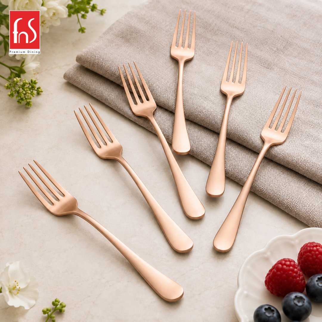 FnS Rosella rose gold stainless steel dinner fork set of 6 arranged in a premium setting with sleek polished finish design