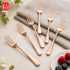 FnS Rosella rose gold stainless steel dinner fork set of 6 arranged in a premium setting with sleek polished finish design