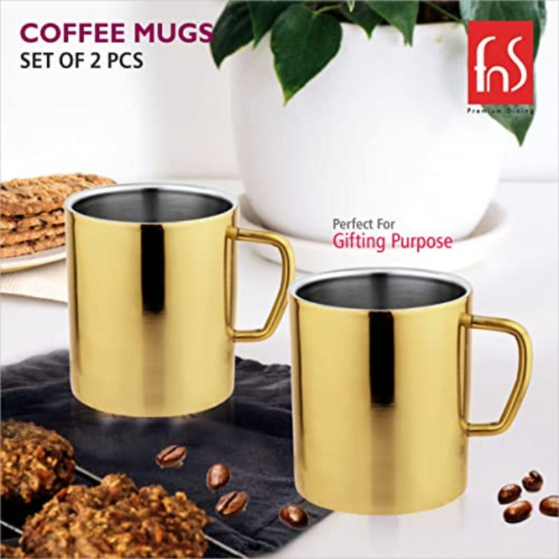 FNS Stainless Steel coffee tea Mugs Gold Mirror (Set of 2)