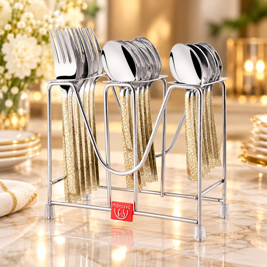 Montavo by FnS Pebble 18 pcs cutlery Set Premium Laser Engraved with Stand