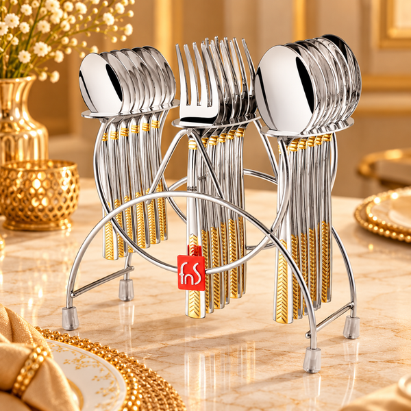 FnS Midas 18-Pc 24K Gold Plated Cutlery Set with Stand
