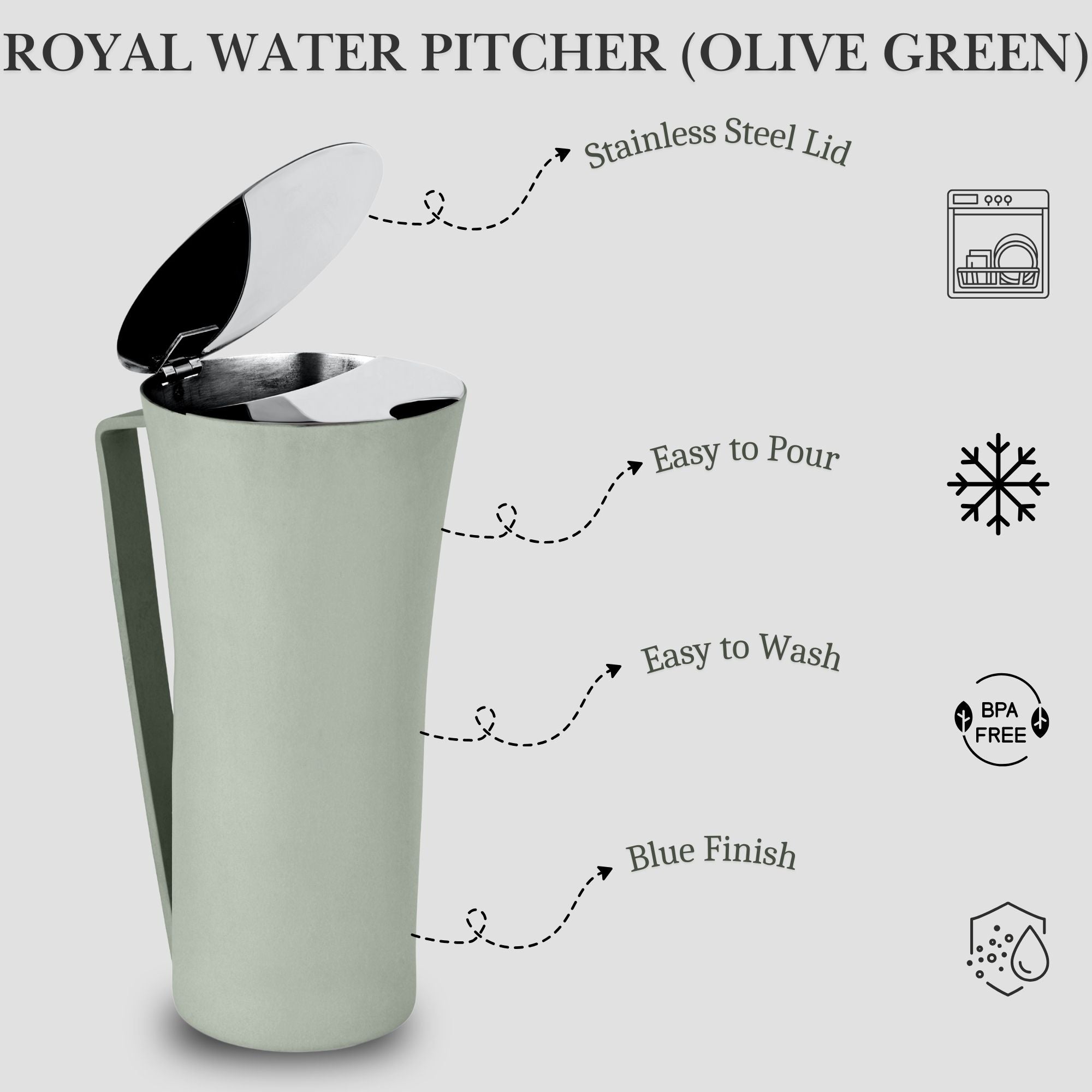 FnS Royal Olive Green Stainless Steel Strong and Durable Water Pitcher/Jug (Capacity 1.2 LTR)