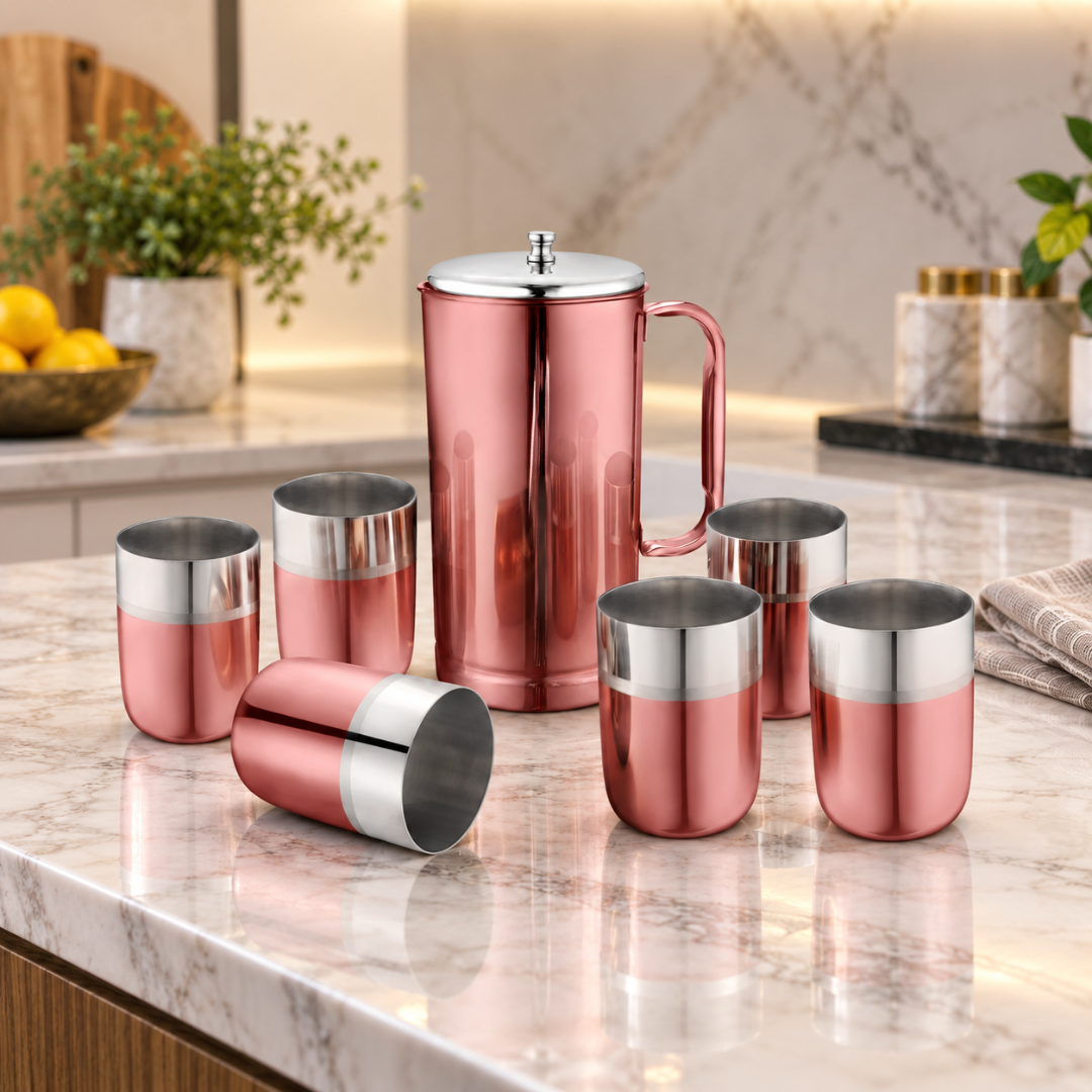 FnS Glory 7-Pc Rose Gold PVD Stainless Steel Pitcher & Glass Set