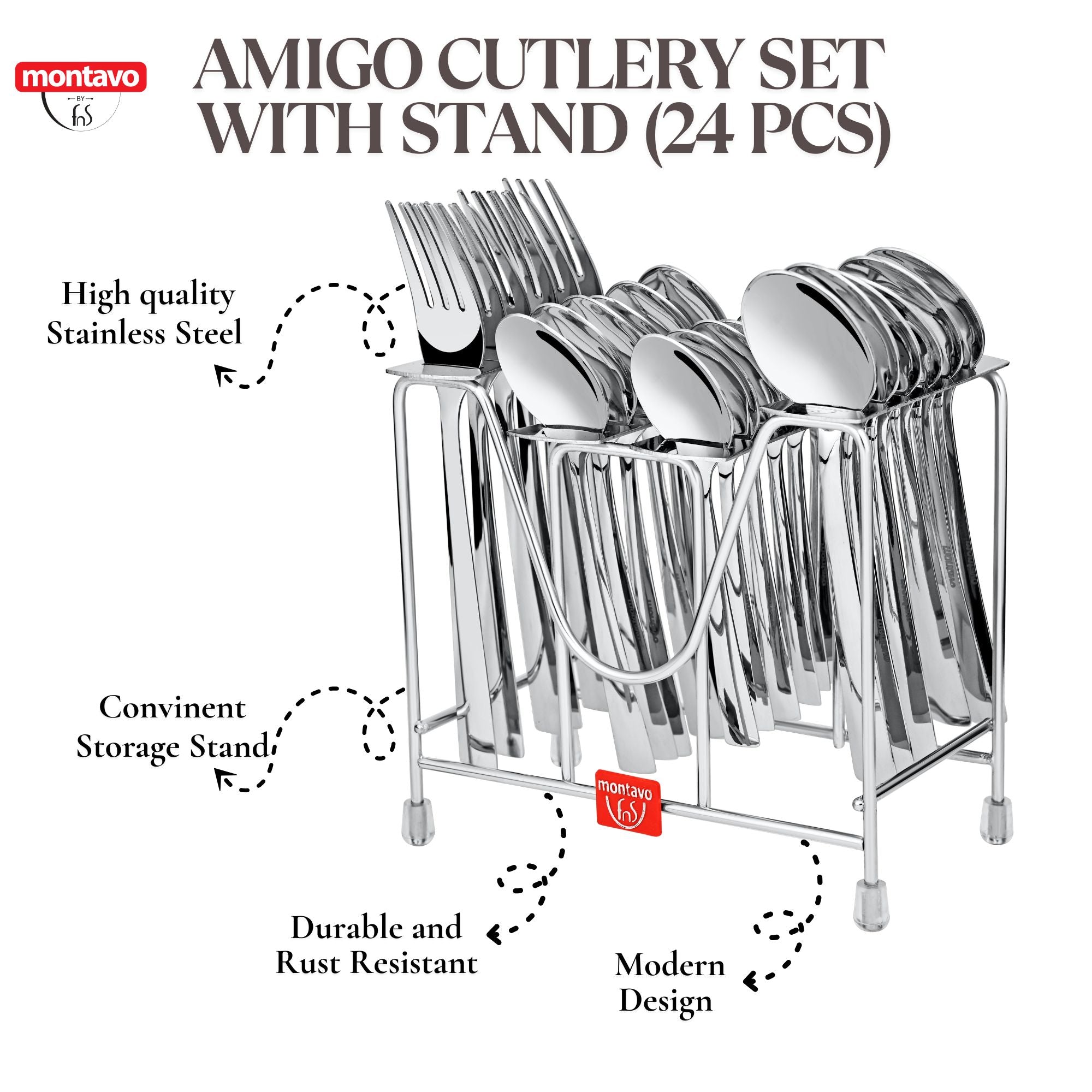 Montavo by fns Amigo Stainless Steel 24 Pcs Cutlery Set with Hanging Stand