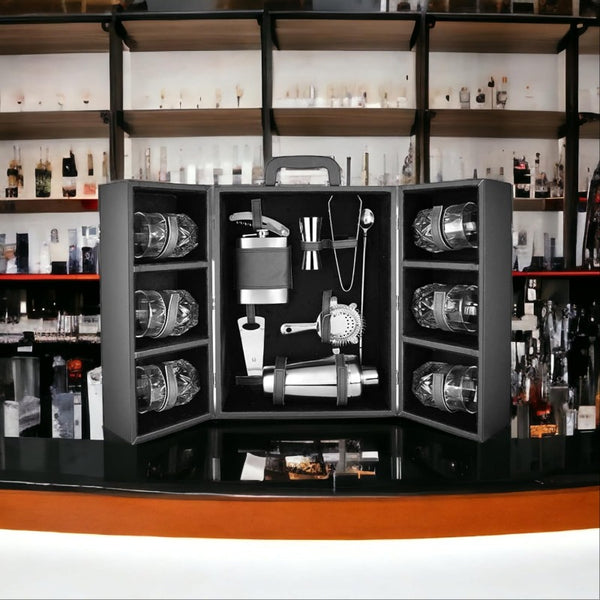 FNS Cheers 14 Pcs Bar Set - Complete Cocktail Set with 6 Whisky Glasses, Cocktail Shaker, Hip Flask, Waiter Knife, Dual Peg Jigger, Strainer, Stirrer, Bottle Opener, Tong - Premium Leatherette Box