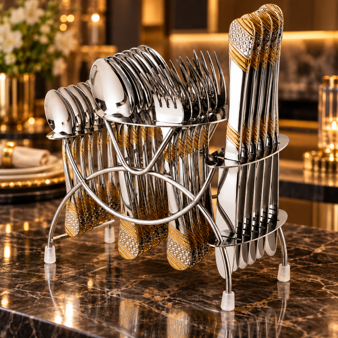 FnS Imperio 24-Pc 24K Gold Plated Stainless Steel Cutlery Set With Stand
