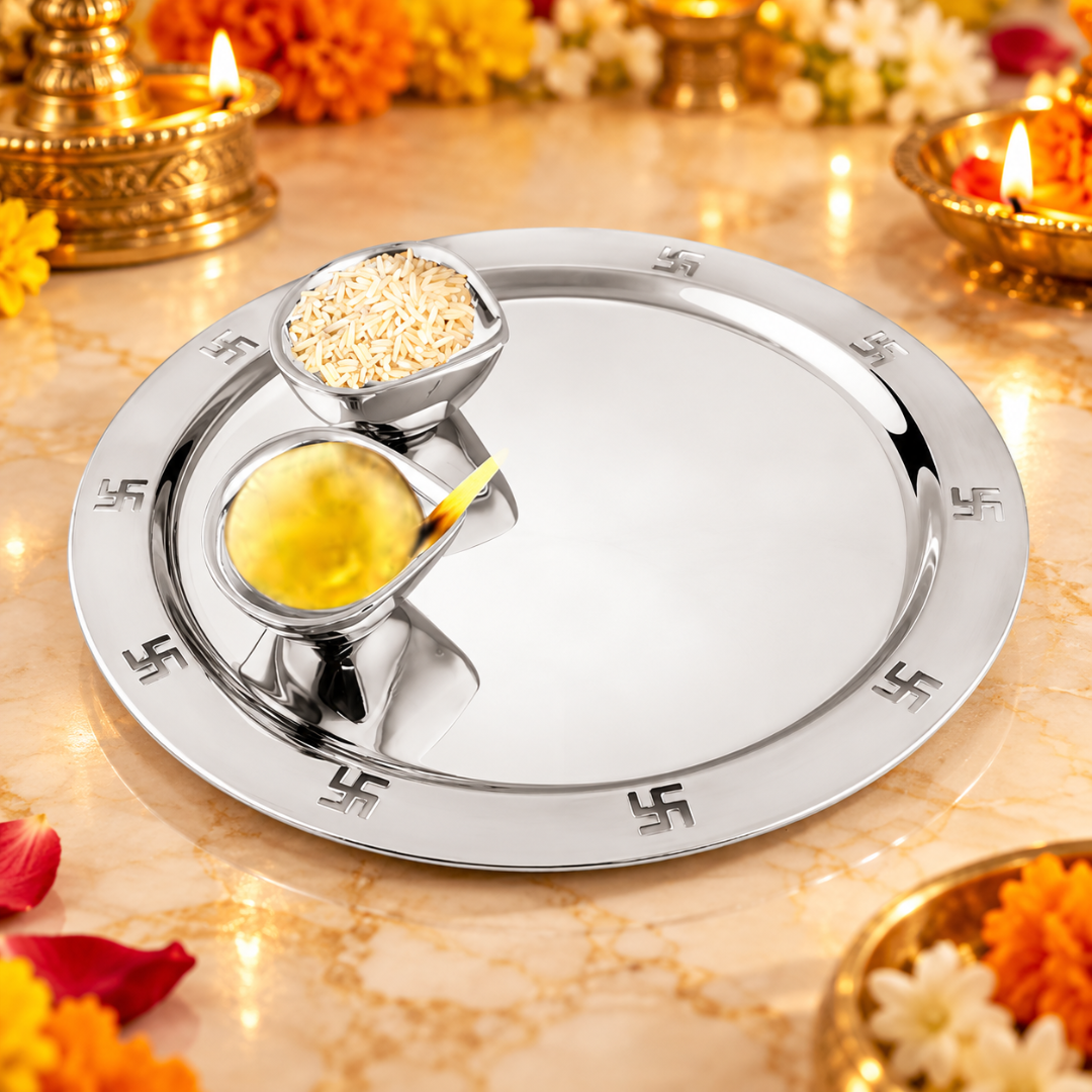 FnS Premium 3-Pc Stainless Steel Pooja Thali Set