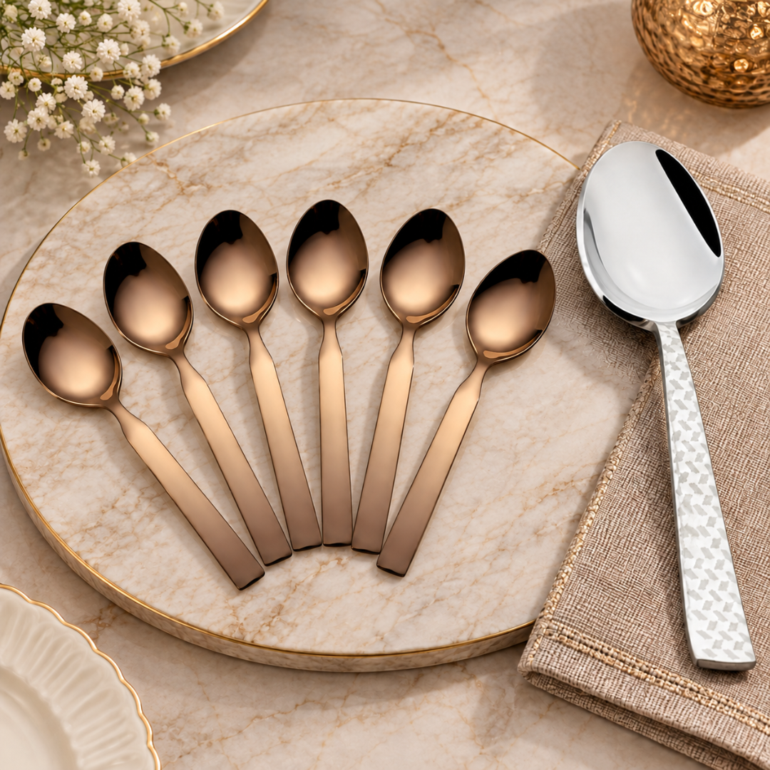 FnS Rhombo Serving Spoon & Allie Rose Gold Teaspoon Combo Set (7 Pcs)