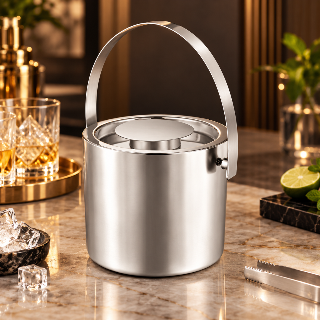 FnS Stainless Steel Ice Bucket with Lid and Handle (1 Liter)