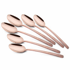 Chef Vicky Ratnani's Signature Collection By FnS Sorrento Rose Gold Stainless Steel Dessert Spoon 6 Pcs Set | Premium Textured Handle Design Cutlery for Home, Dining & Kitchen