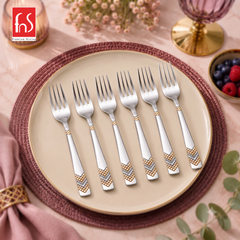 FnS RAGA 6-Pc 24K gold plated stainless steel dinner fork set arranged on a premium plate with decorative handle design
