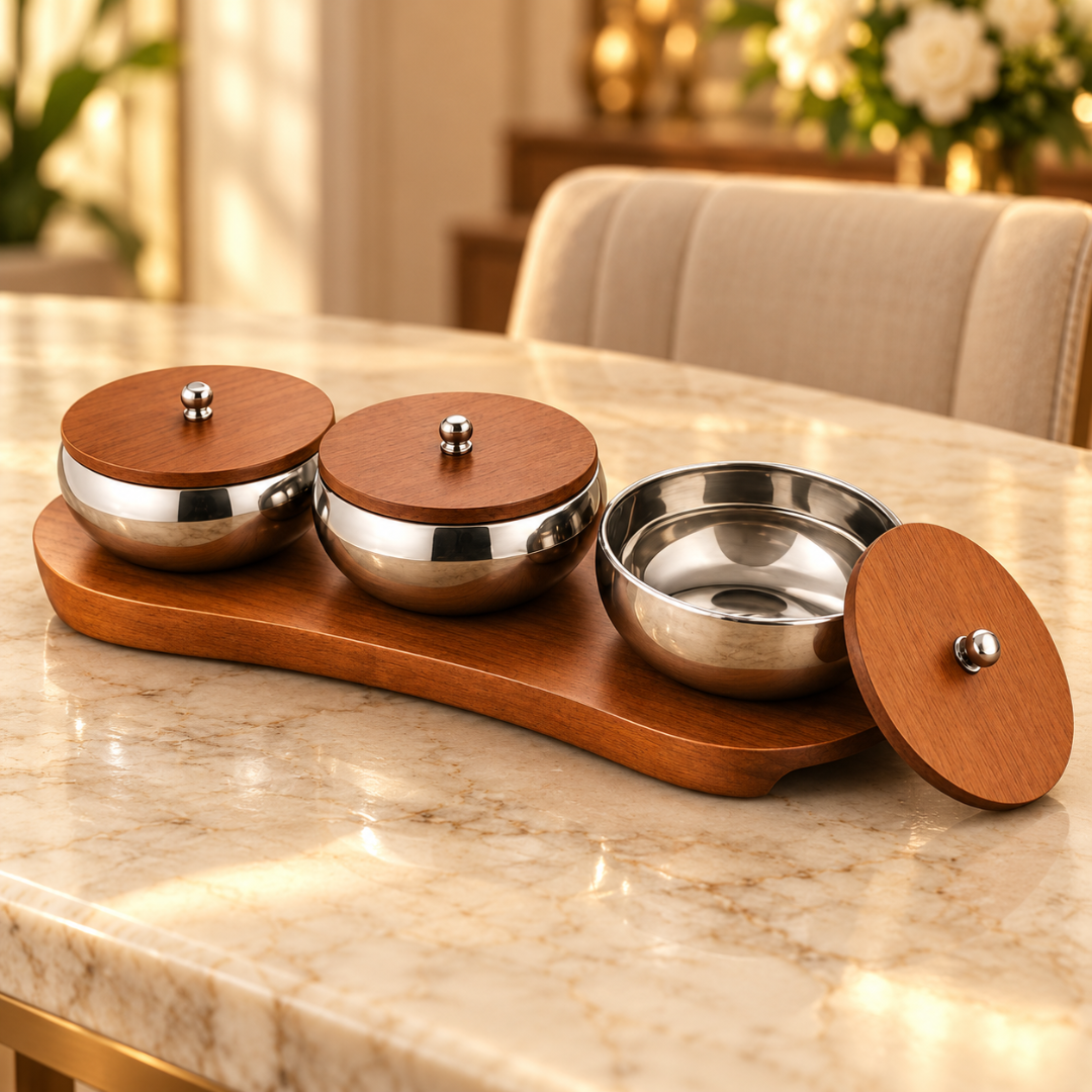 FnS Brazos 3-Pc Stainless Steel Serving Bowl Set with Lids & Tray for elegant dining and everyday serving needs at home
