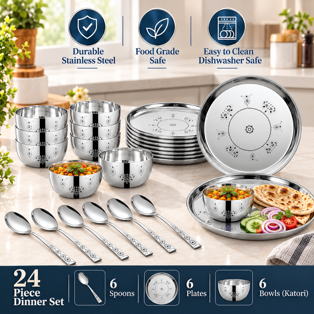 FnS Mandala 24-Pc Patterned Stainless Steel Dinner Set