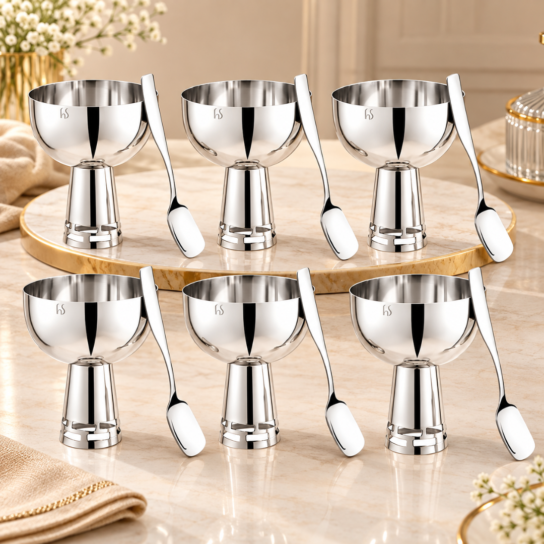 FnS Basil Stainless Steel Ice Cream Bowl & Spoon Set of 6