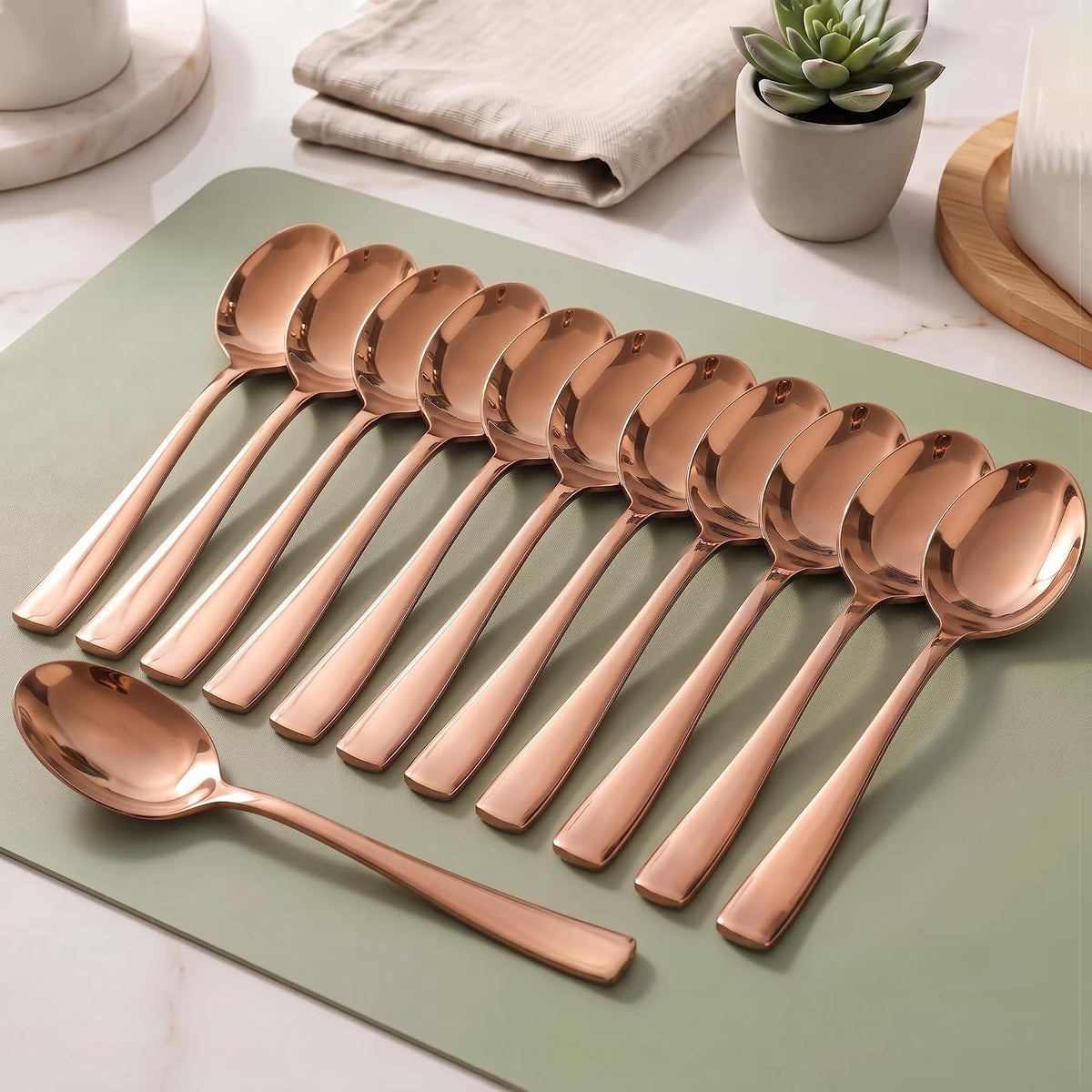 Montavo by FnS Stainless Steel Dinner Spoons | Set of 12 PVD Rose Gold Mirror Finish
