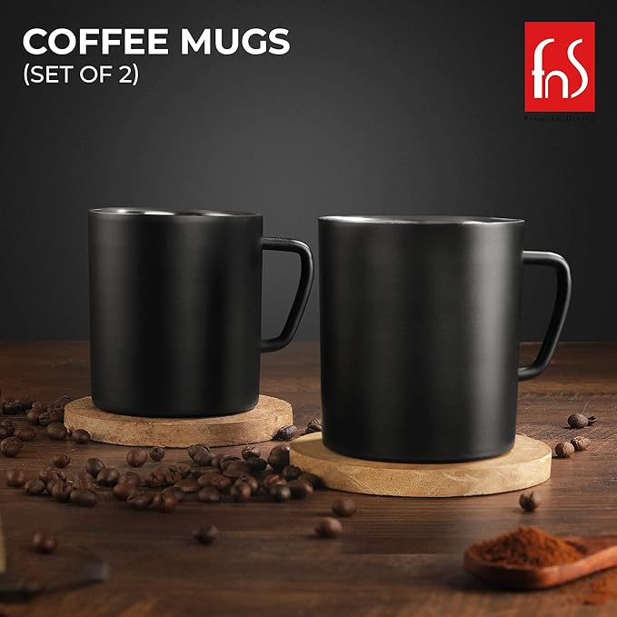 FnS Stainless Steel Coffee Mugs Black Set of 2 with double wall insulation and matte finish for tea or coffee.

