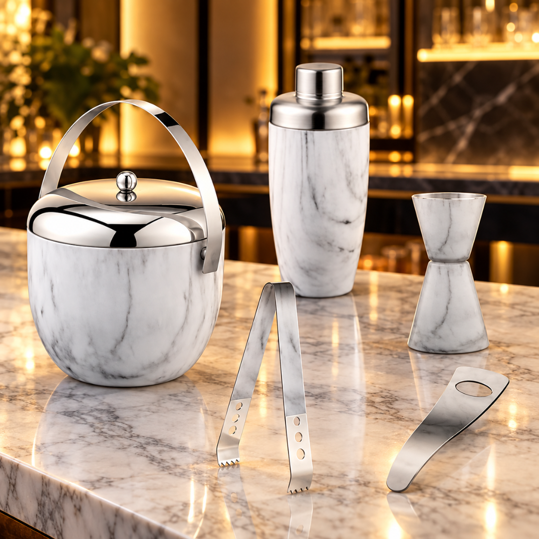 FnS 5-Pc White Marble Finish Stainless Steel Bar Set