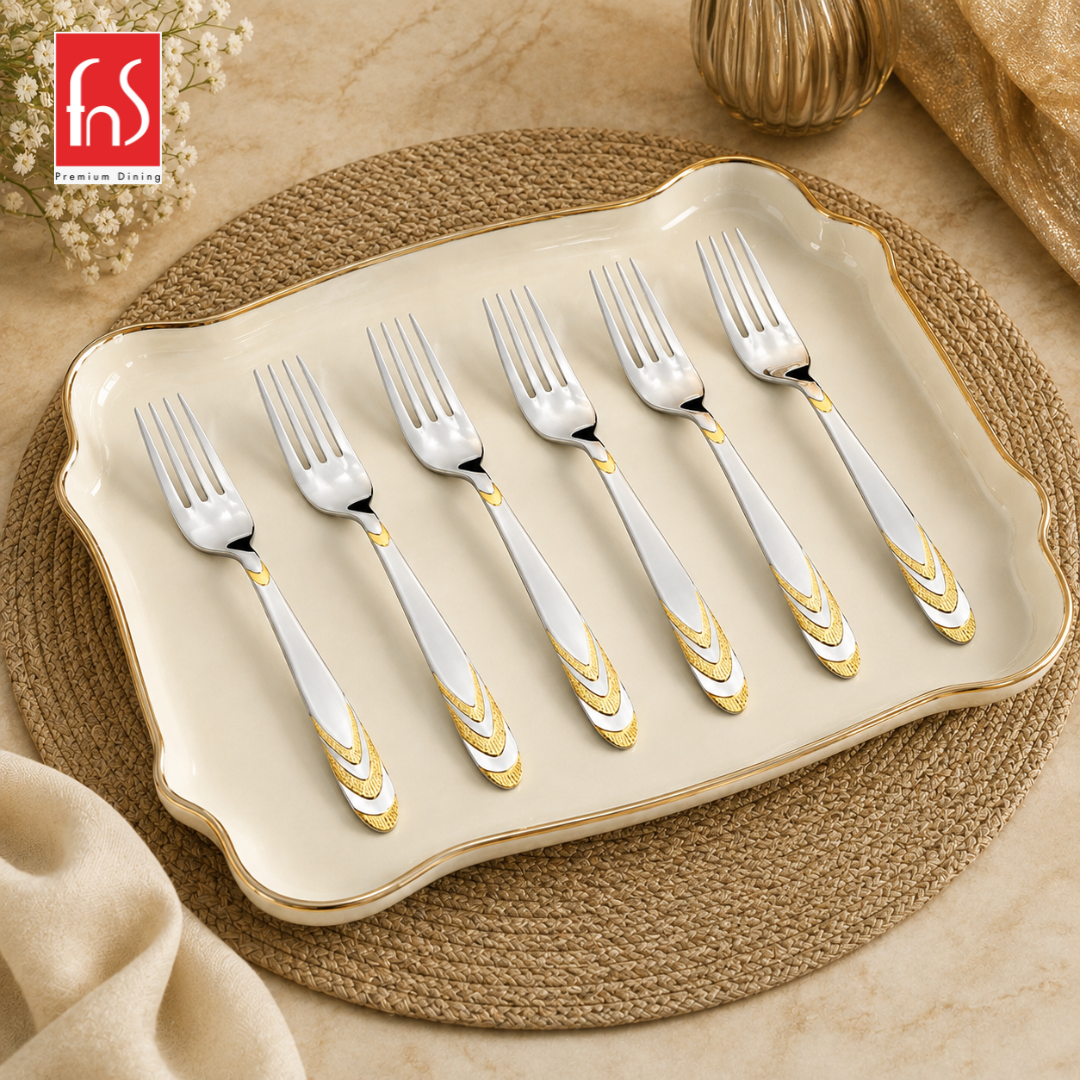 Montavo by FnS Magna 24 Karat gold plated 6 Pcs dinner fork set arranged on a premium tray with elegant decorative handles