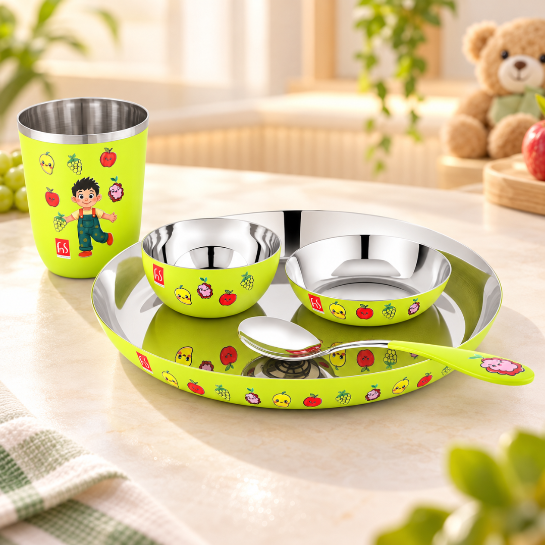 FnS Little Bites 5-Pc Stainless Steel Kids Dinner Thali Set – Mighty Fruit Green