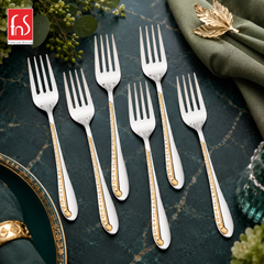 FnS Tivoli stainless steel dinner fork set of 6 with 24 Karat gold plated handle details arranged on a premium tabletop
