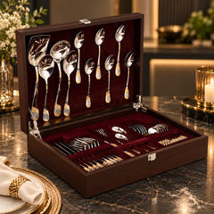 FnS Imperio Gold Plated 34 pcs Cutlery Set with Wooden Box Packaging
