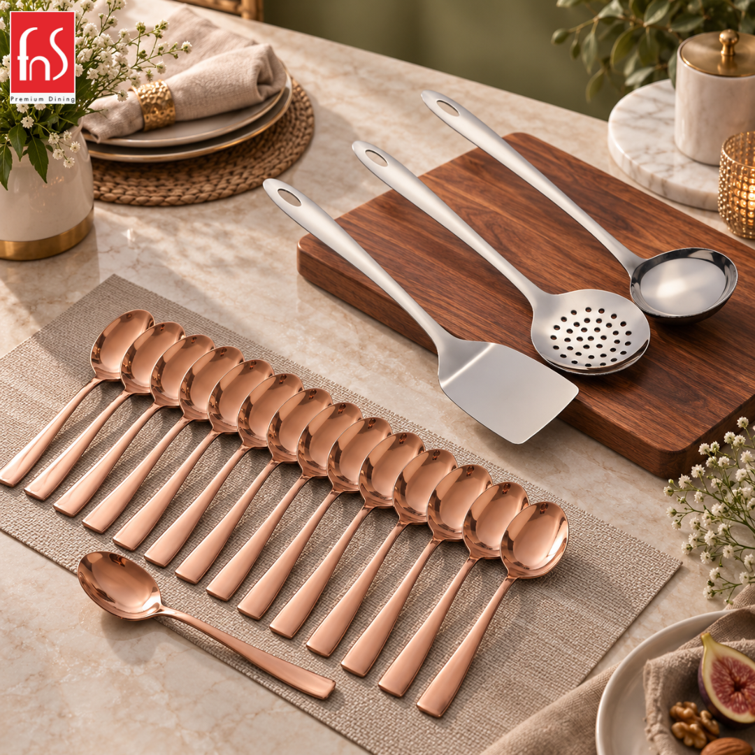 Montavo Amazon Serving Tools & PVD Rose Gold Dinner Spoon Combo Set