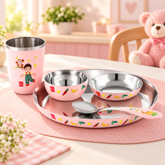 FnS Little Bites 5-Pc Stainless Steel Kids Dinner Thali Set – Pink