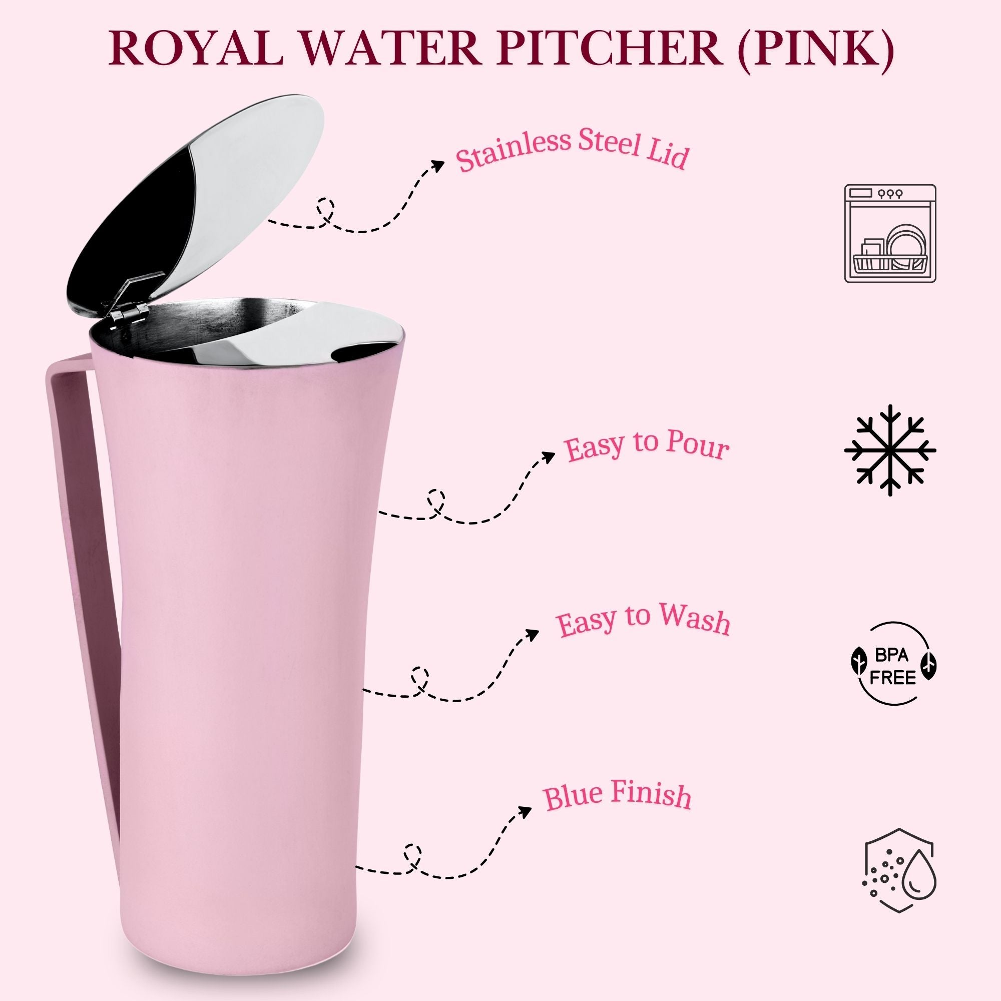 FnS Royal Pink Stainless Steel Strong and Durable Water Pitcher/Jug (Capacity 1.2 LTR)