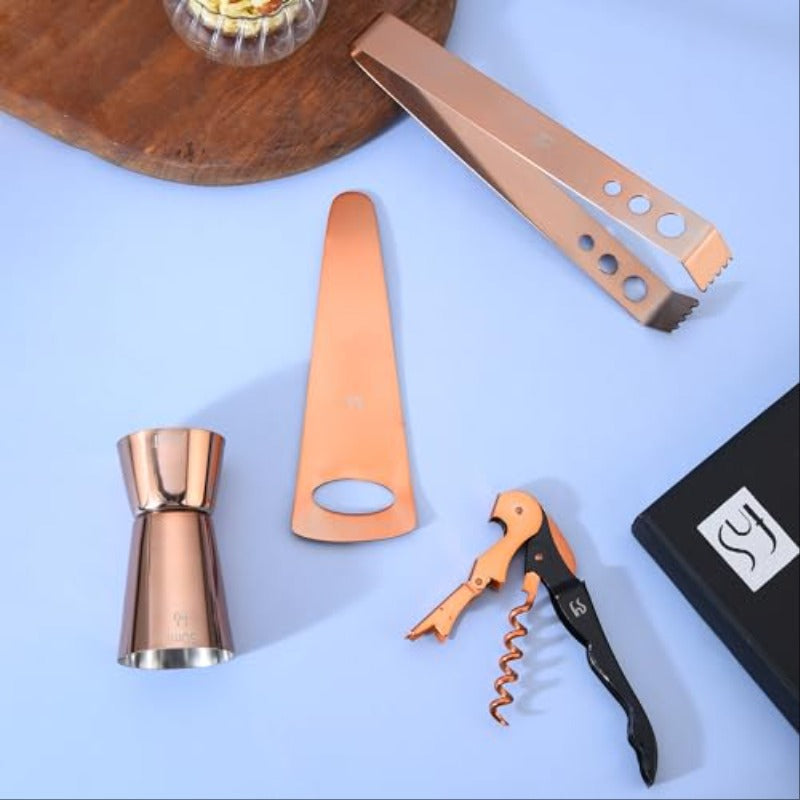 FnS 4 pcs Bar Tool Set in Rose Gold Finish with Box Packaging -Home Bartending Kit with Ice Tong, Peg Measure, Bottle Opener, Corkscrew