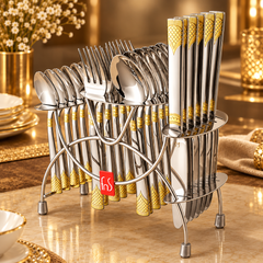 FnS August 24-Pc 24K Gold Plated Steel Cutlery Set With Stand