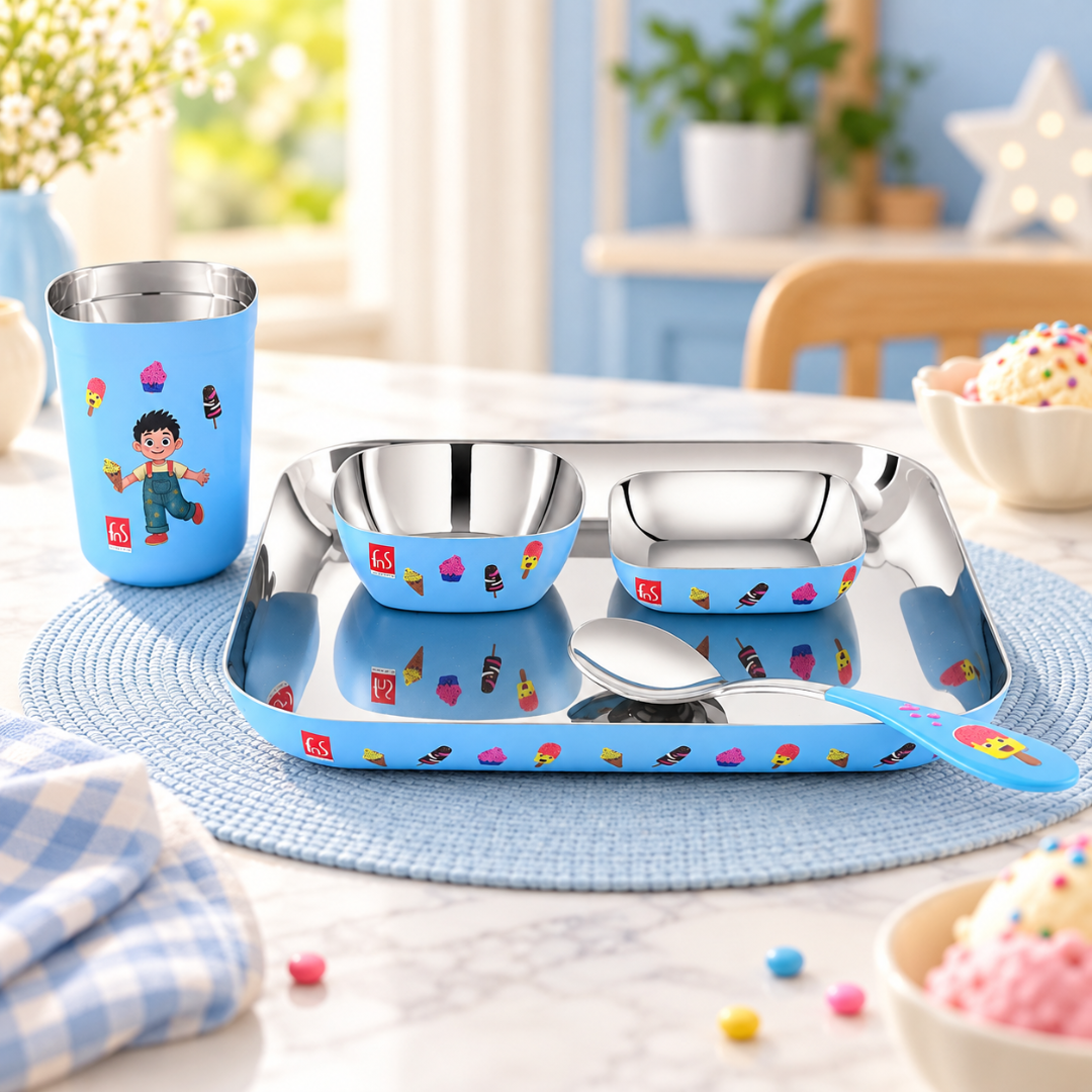 FnS Little Bites 5-Pc Stainless Steel Kids Dinner Thali Set – Ice Cream Party Blue