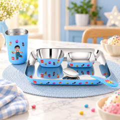 FnS Little Bites 5-Pc Stainless Steel Kids Dinner Thali Set – Ice Cream Party Blue