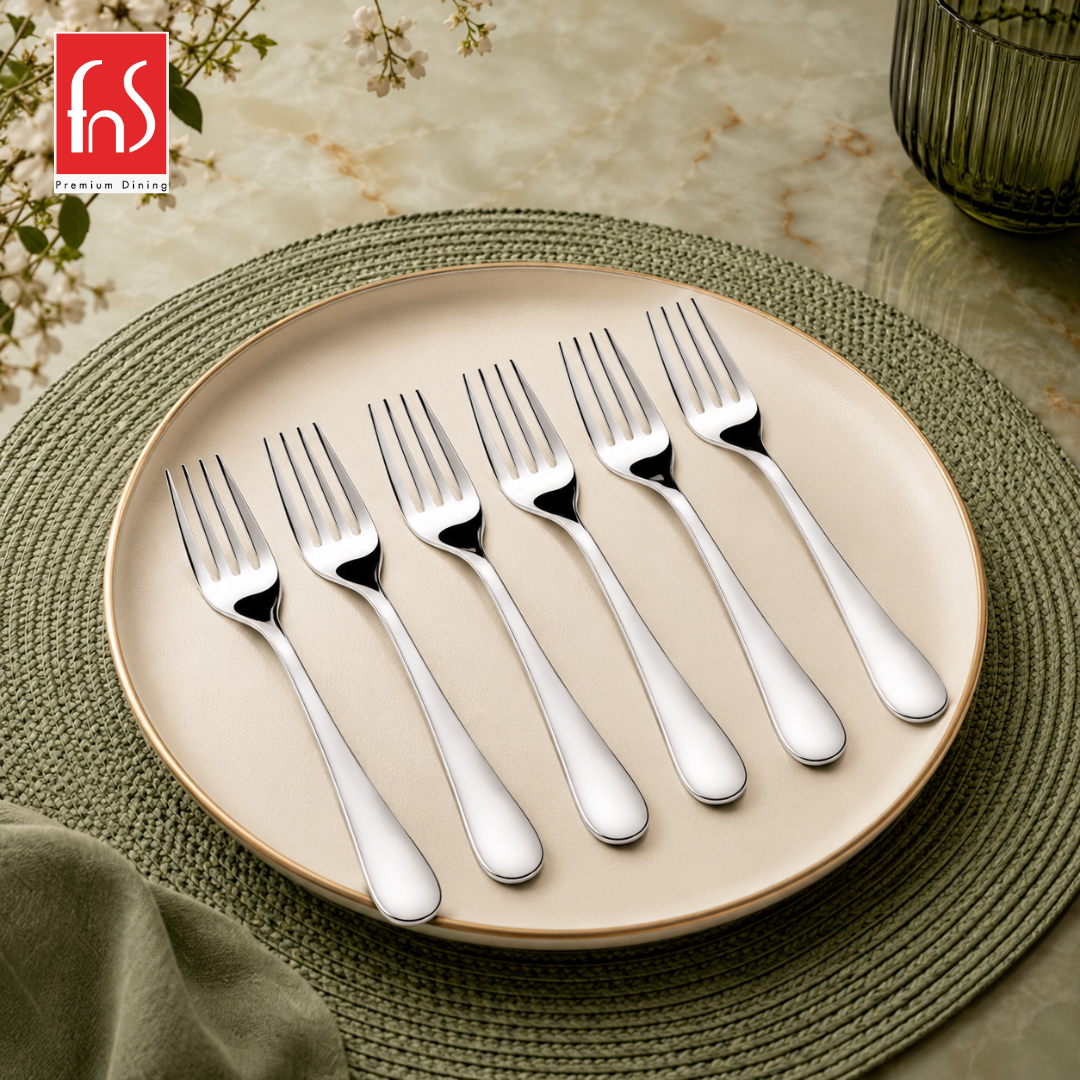 FnS Victoria 6 Pcs stainless steel dinner fork set arranged on a premium plate with sleek mirror finish for dining use
