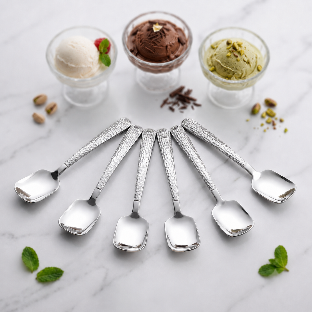FnS Madrid 6-Pc hammered-finish stainless steel ice cream spoon set styled with chocolate, vanilla and pistachio scoops.