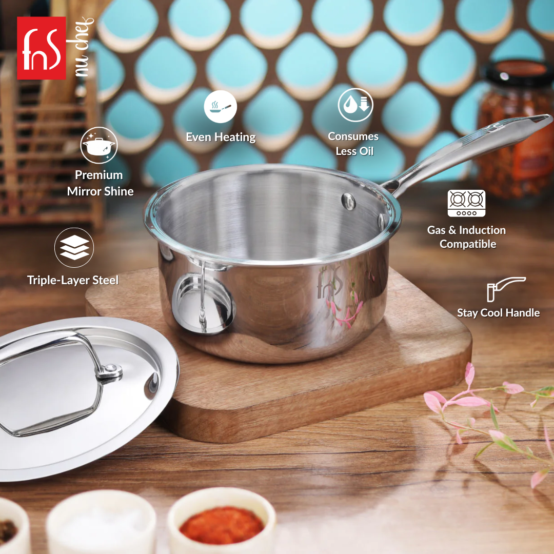 FnS NuChef Cookware Triply Sauce Pan 14 CM With Stay-Cool Handles | Even Heat Distribution, Durable & Rust-Free Cookware