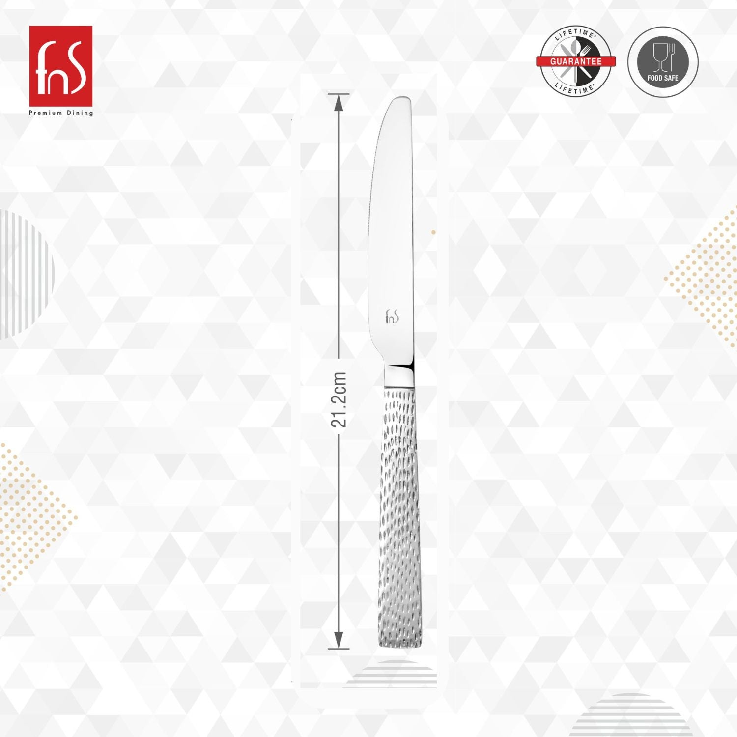 Single dinner knife dimension chart showing 21.2cm length with textured handle on white geometric background featuring lifetime guarantee and food-safe certification badges.