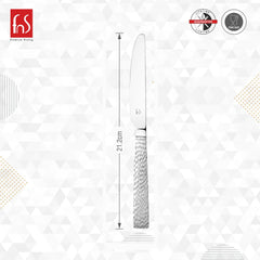 Single dinner knife dimension chart showing 21.2cm length with textured handle on white geometric background featuring lifetime guarantee and food-safe certification badges.