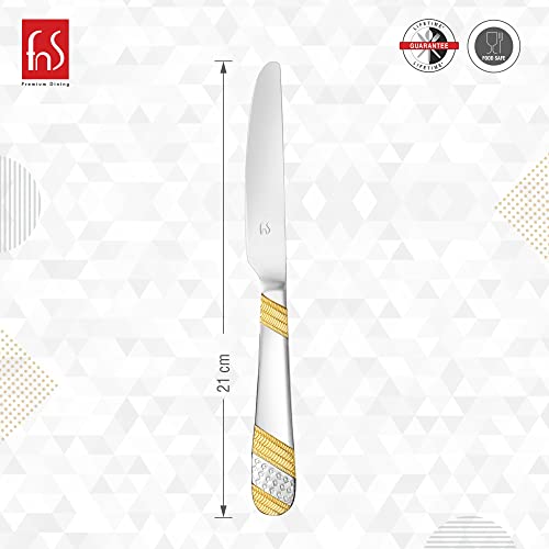 Dinner knife dimension chart showing 21cm length with gold and silver handle design on white geometric patterned background with brand logo.