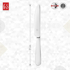 Single butter knife dimension chart displaying 21cm length on white geometric background with lifetime guarantee and food-safe certification badges.