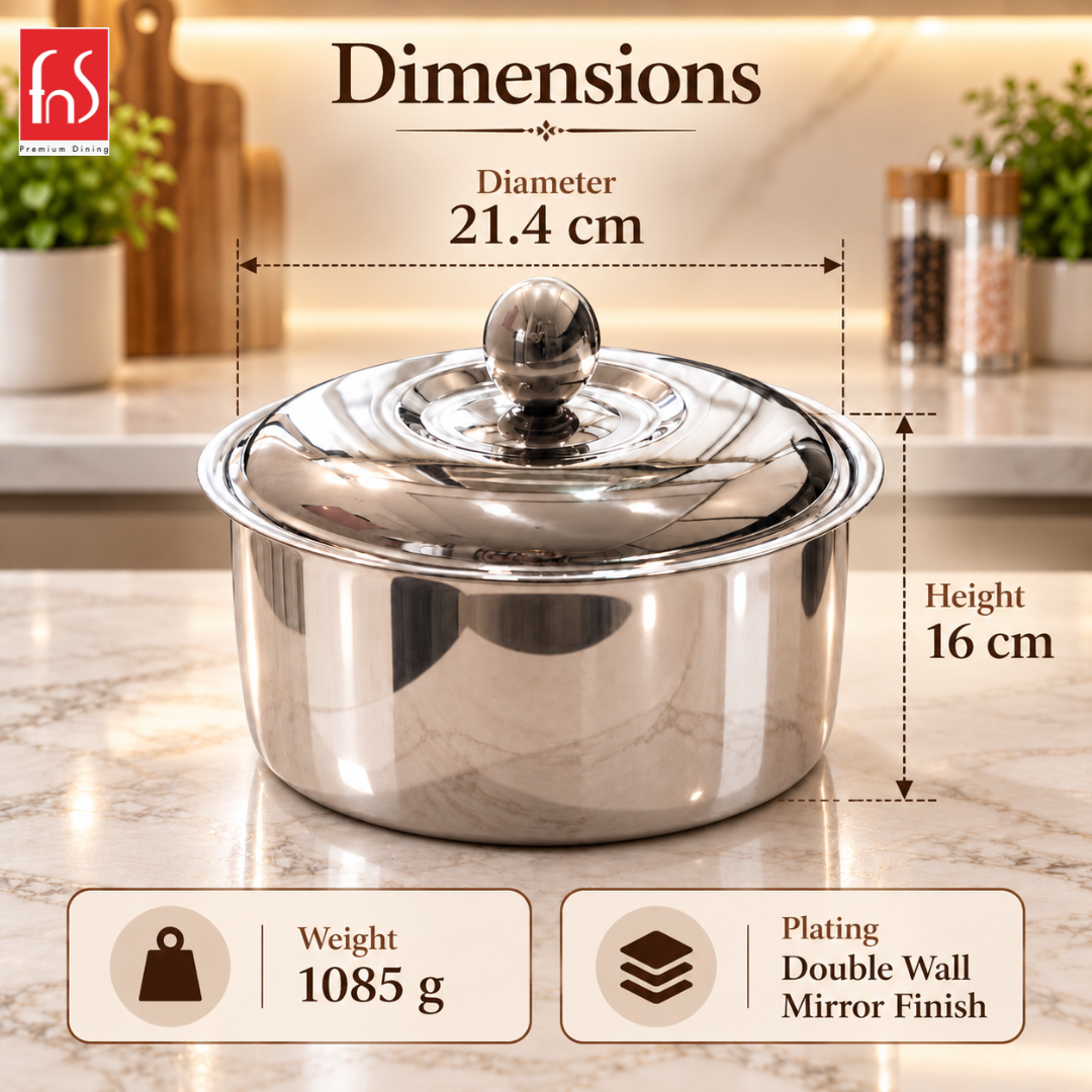 FnS Crista Double Walled Mirror Finish Stainless Steel Casserole 2200ml
