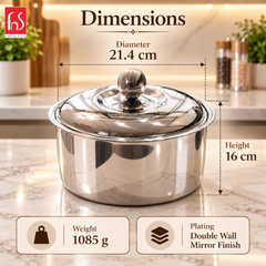 FnS Crista Double Walled Mirror Finish Stainless Steel Casserole 2200ml
