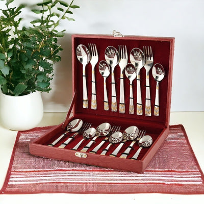 Montavo By FnS Raga 18-Pc 24K Gold Plated Cutlery Set with Leatherette Box