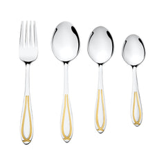 Four-piece stainless steel cutlery set with golden chevron detailing shown in an angled layout on white background.